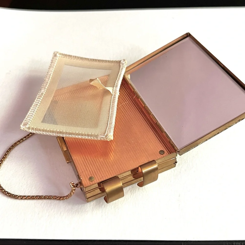 Retro Vintage Gold Tone Metal Glitter Compact Makeup Bag Purse Case Travel